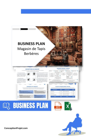 Pack Business Plan pour Magasin de Tapis Berbères - Modèle de business plan professionnel pour Magasin de Tapis Berbères, spécialement conçu pour les entrepreneurs, incluant un prévisionnel financier 100% automatisé, une stratégie marketing intégrée, ainsi qu’une analyse complète (SWOT, Business Model Canvas, étude de marché et analyse des risques). Ce document au design moderne et entièrement personnalisable sous Word est structuré pour répondre aux exigences des banques et des investisseurs, tout en permettant un gain de temps considérable grâce à son contenu pré-rédigé.