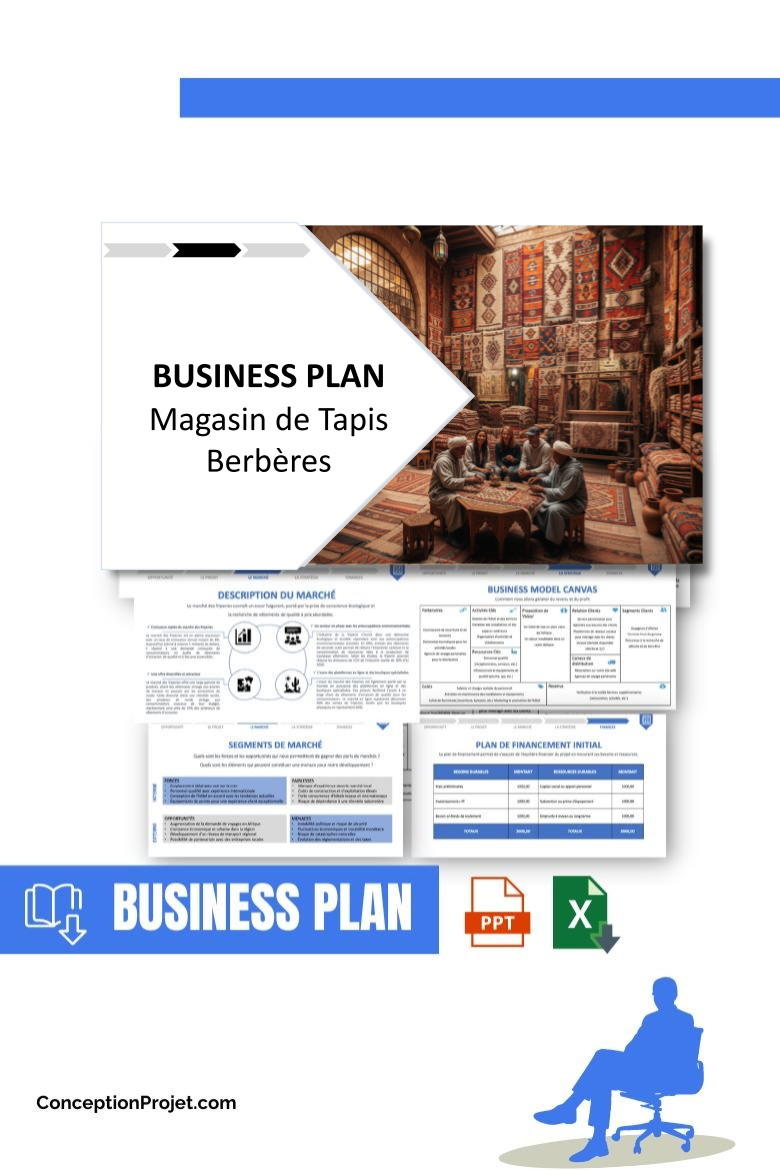 Pack Business Plan pour Magasin de Tapis Berbères - Modèle de business plan professionnel pour Magasin de Tapis Berbères, spécialement conçu pour les entrepreneurs, incluant un prévisionnel financier 100% automatisé, une stratégie marketing intégrée, ainsi qu’une analyse complète (SWOT, Business Model Canvas, étude de marché et analyse des risques). Ce document au design moderne et entièrement personnalisable sous Word est structuré pour répondre aux exigences des banques et des investisseurs, tout en permettant un gain de temps considérable grâce à son contenu pré-rédigé.