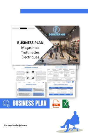 Pack Business Plan pour Magasin de Trottinettes Électriques - Modèle de business plan professionnel pour Magasin de Trottinettes Électriques, spécialement conçu pour les entrepreneurs, incluant un prévisionnel financier 100% automatisé, une stratégie marketing intégrée, ainsi qu’une analyse complète (SWOT, Business Model Canvas, étude de marché et analyse des risques). Ce document au design moderne et entièrement personnalisable sous Word est structuré pour répondre aux exigences des banques et des investisseurs, tout en permettant un gain de temps considérable grâce à son contenu pré-rédigé.