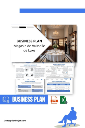 Pack Business Plan pour Magasin de Vaisselle de Luxe - Modèle de business plan professionnel pour Magasin de Vaisselle de Luxe, spécialement conçu pour les entrepreneurs, incluant un prévisionnel financier 100% automatisé, une stratégie marketing intégrée, ainsi qu’une analyse complète (SWOT, Business Model Canvas, étude de marché et analyse des risques). Ce document au design moderne et entièrement personnalisable sous Word est structuré pour répondre aux exigences des banques et des investisseurs, tout en permettant un gain de temps considérable grâce à son contenu pré-rédigé.