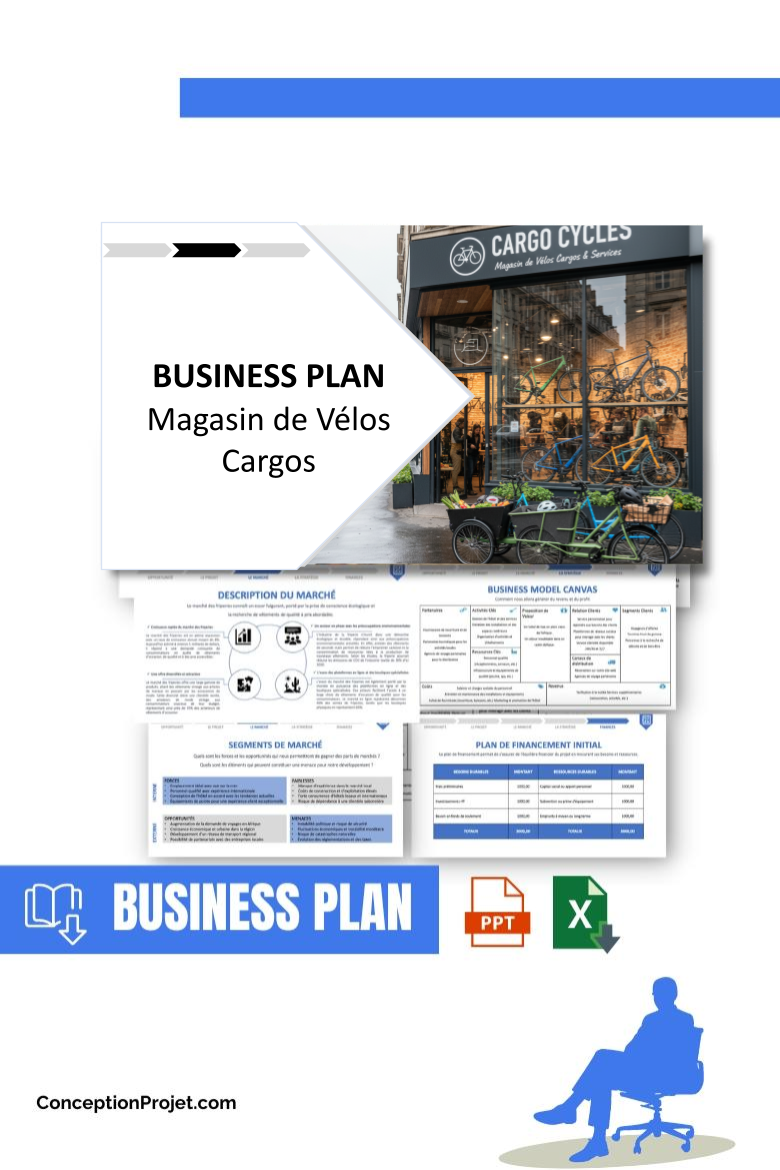 Pack Business Plan pour Magasin de Vélos Cargos - Modèle de business plan professionnel pour Magasin de Vélos Cargos, spécialement conçu pour les entrepreneurs, incluant un prévisionnel financier 100% automatisé, une stratégie marketing intégrée, ainsi qu’une analyse complète (SWOT, Business Model Canvas, étude de marché et analyse des risques). Ce document au design moderne et entièrement personnalisable sous Word est structuré pour répondre aux exigences des banques et des investisseurs, tout en permettant un gain de temps considérable grâce à son contenu pré-rédigé.