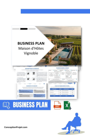Pack Business Plan pour Maison d'Hôtes Vignoble - Modèle de business plan professionnel pour Maison d'Hôtes Vignoble, spécialement conçu pour les entrepreneurs, incluant un prévisionnel financier 100% automatisé, une stratégie marketing intégrée, ainsi qu’une analyse complète (SWOT, Business Model Canvas, étude de marché et analyse des risques). Ce document au design moderne et entièrement personnalisable sous Word est structuré pour répondre aux exigences des banques et des investisseurs, tout en permettant un gain de temps considérable grâce à son contenu pré-rédigé.