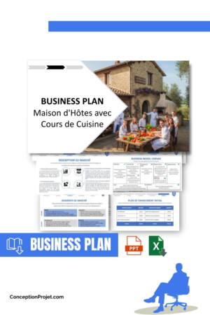 Pack Business Plan pour Maison d'Hôtes avec Cours de Cuisine - Modèle de business plan professionnel pour Maison d'Hôtes avec Cours de Cuisine, spécialement conçu pour les entrepreneurs, incluant un prévisionnel financier 100% automatisé, une stratégie marketing intégrée, ainsi qu’une analyse complète (SWOT, Business Model Canvas, étude de marché et analyse des risques). Ce document au design moderne et entièrement personnalisable sous Word est structuré pour répondre aux exigences des banques et des investisseurs, tout en permettant un gain de temps considérable grâce à son contenu pré-rédigé.