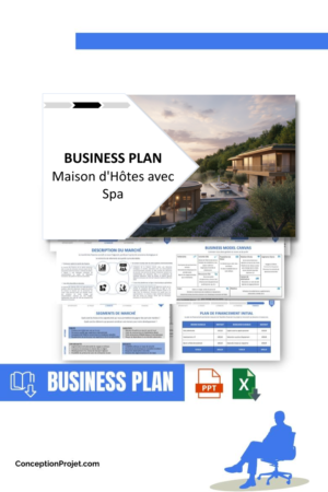 Pack Business Plan pour Maison d'Hôtes avec Spa - Modèle de business plan professionnel pour Maison d'Hôtes avec Spa, spécialement conçu pour les entrepreneurs, incluant un prévisionnel financier 100% automatisé, une stratégie marketing intégrée, ainsi qu’une analyse complète (SWOT, Business Model Canvas, étude de marché et analyse des risques). Ce document au design moderne et entièrement personnalisable sous Word est structuré pour répondre aux exigences des banques et des investisseurs, tout en permettant un gain de temps considérable grâce à son contenu pré-rédigé.