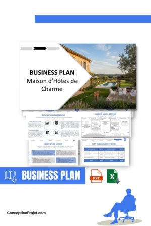 Accueil 4 Pack Business Plan pour Maison d'Hôtes de Charme - Modèle de business plan professionnel pour Maison d'Hôtes de Charme, spécialement conçu pour les entrepreneurs, incluant un prévisionnel financier 100% automatisé, une stratégie marketing intégrée, ainsi qu’une analyse complète (SWOT, Business Model Canvas, étude de marché et analyse des risques). Ce document au design moderne et entièrement personnalisable sous Word est structuré pour répondre aux exigences des banques et des investisseurs, tout en permettant un gain de temps considérable grâce à son contenu pré-rédigé.
