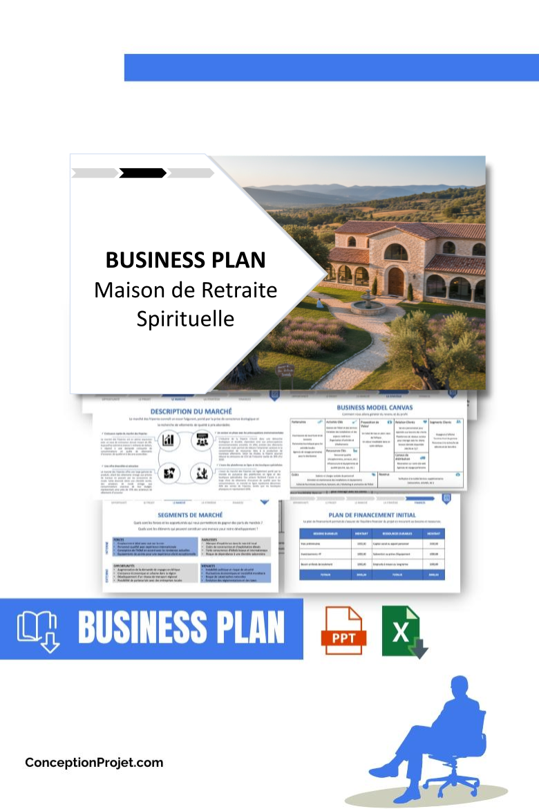 Pack Business Plan pour Maison de Retraite Spirituelle - Modèle de business plan professionnel pour Maison de Retraite Spirituelle, spécialement conçu pour les entrepreneurs, incluant un prévisionnel financier 100% automatisé, une stratégie marketing intégrée, ainsi qu’une analyse complète (SWOT, Business Model Canvas, étude de marché et analyse des risques). Ce document au design moderne et entièrement personnalisable sous Word est structuré pour répondre aux exigences des banques et des investisseurs, tout en permettant un gain de temps considérable grâce à son contenu pré-rédigé.
