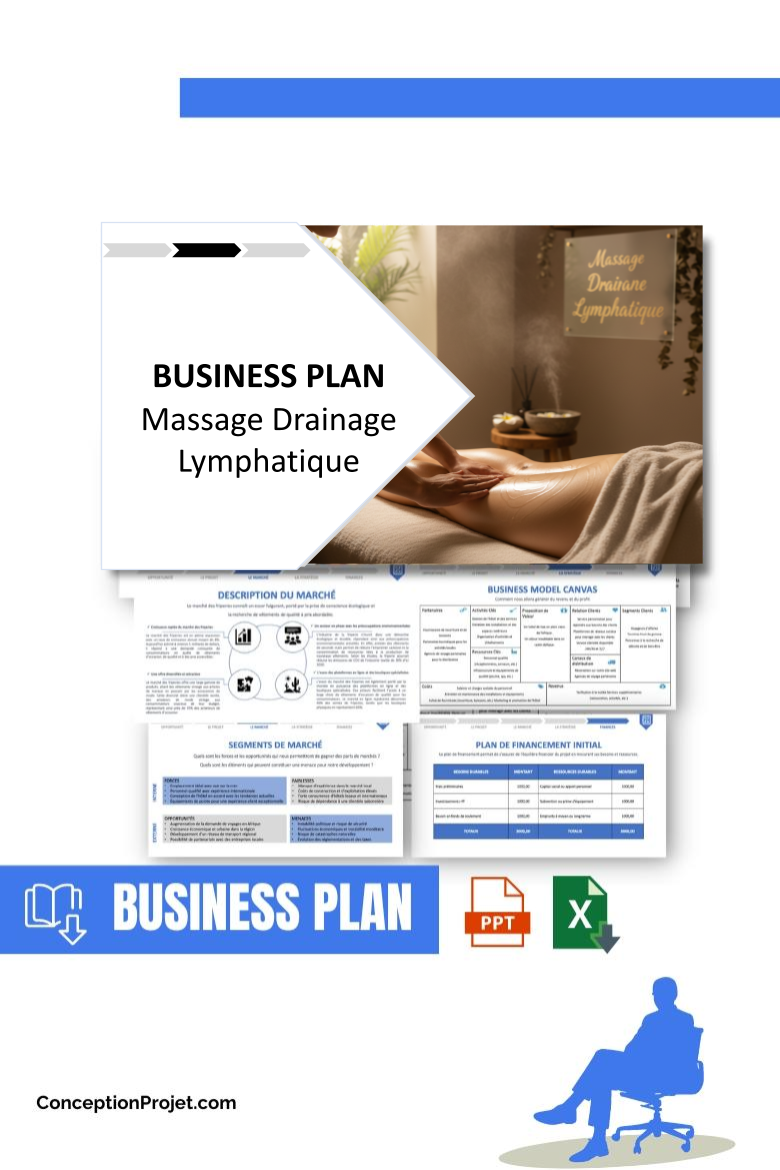 Pack Business Plan pour Massage Drainage Lymphatique - Modèle de business plan professionnel pour Massage Drainage Lymphatique, spécialement conçu pour les entrepreneurs, incluant un prévisionnel financier 100% automatisé, une stratégie marketing intégrée, ainsi qu’une analyse complète (SWOT, Business Model Canvas, étude de marché et analyse des risques). Ce document au design moderne et entièrement personnalisable sous Word est structuré pour répondre aux exigences des banques et des investisseurs, tout en permettant un gain de temps considérable grâce à son contenu pré-rédigé.