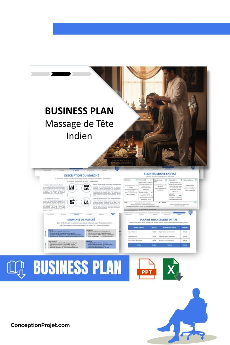 Pack Business Plan pour Massage de Tête Indien - Modèle de business plan professionnel pour Massage de Tête Indien, spécialement conçu pour les entrepreneurs, incluant un prévisionnel financier 100% automatisé, une stratégie marketing intégrée, ainsi qu’une analyse complète (SWOT, Business Model Canvas, étude de marché et analyse des risques). Ce document au design moderne et entièrement personnalisable sous Word est structuré pour répondre aux exigences des banques et des investisseurs, tout en permettant un gain de temps considérable grâce à son contenu pré-rédigé.