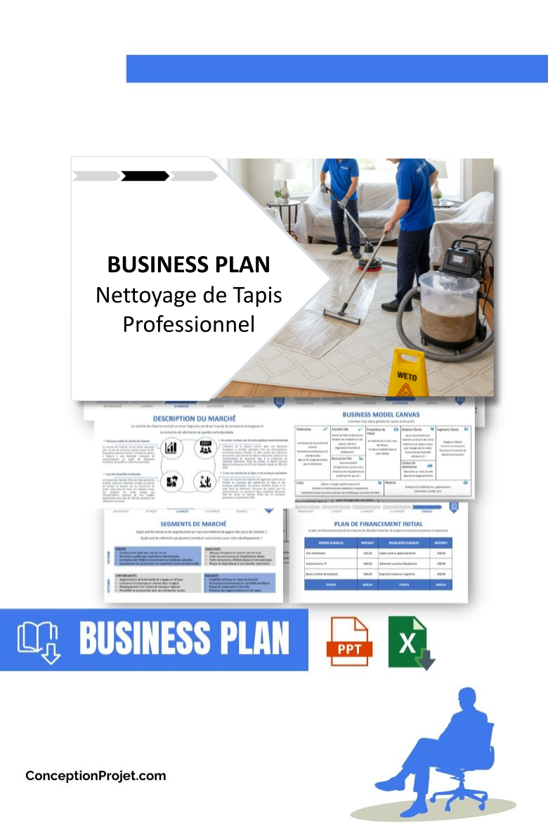 Pack Business Plan pour Nettoyage de Tapis Professionnel - Modèle de business plan professionnel pour Nettoyage de Tapis Professionnel, spécialement conçu pour les entrepreneurs, incluant un prévisionnel financier 100% automatisé, une stratégie marketing intégrée, ainsi qu’une analyse complète (SWOT, Business Model Canvas, étude de marché et analyse des risques). Ce document au design moderne et entièrement personnalisable sous Word est structuré pour répondre aux exigences des banques et des investisseurs, tout en permettant un gain de temps considérable grâce à son contenu pré-rédigé.