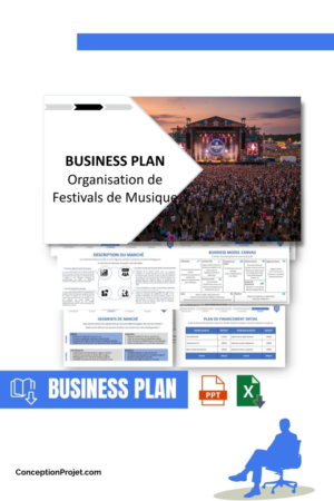 Accueil 8 Pack Business Plan pour Organisation de Festivals de Musique - Modèle de business plan professionnel pour Organisation de Festivals de Musique, spécialement conçu pour les entrepreneurs, incluant un prévisionnel financier 100% automatisé, une stratégie marketing intégrée, ainsi qu’une analyse complète (SWOT, Business Model Canvas, étude de marché et analyse des risques). Ce document au design moderne et entièrement personnalisable sous Word est structuré pour répondre aux exigences des banques et des investisseurs, tout en permettant un gain de temps considérable grâce à son contenu pré-rédigé.