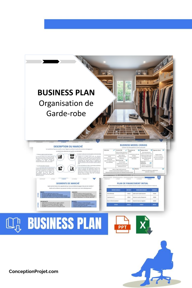 Pack Business Plan Organisation de Garde-robe 2026 1 Pack Business Plan pour Organisation de Garde-robe - Modèle de business plan professionnel pour Organisation de Garde-robe, spécialement conçu pour les entrepreneurs, incluant un prévisionnel financier 100% automatisé, une stratégie marketing intégrée, ainsi qu’une analyse complète (SWOT, Business Model Canvas, étude de marché et analyse des risques). Ce document au design moderne et entièrement personnalisable sous Word est structuré pour répondre aux exigences des banques et des investisseurs, tout en permettant un gain de temps considérable grâce à son contenu pré-rédigé.