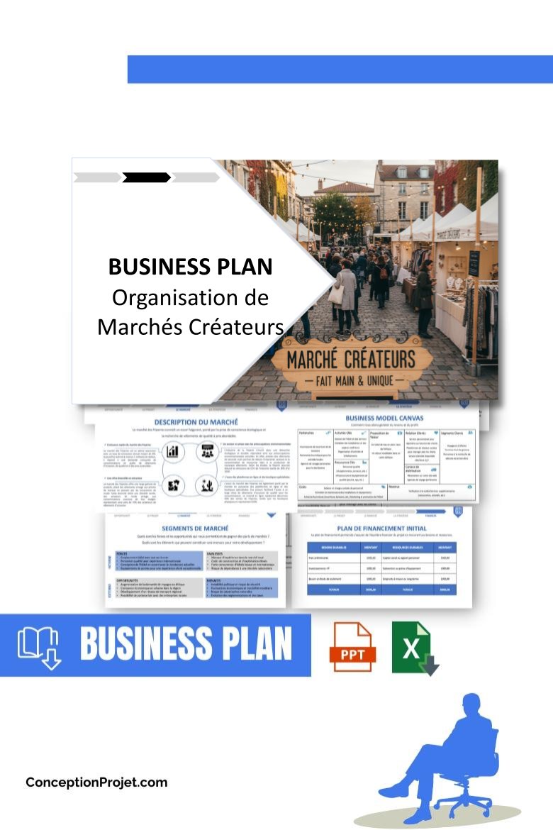 Pack Business Plan pour Organisation de Marchés Créateurs - Modèle de business plan professionnel pour Organisation de Marchés Créateurs, spécialement conçu pour les entrepreneurs, incluant un prévisionnel financier 100% automatisé, une stratégie marketing intégrée, ainsi qu’une analyse complète (SWOT, Business Model Canvas, étude de marché et analyse des risques). Ce document au design moderne et entièrement personnalisable sous Word est structuré pour répondre aux exigences des banques et des investisseurs, tout en permettant un gain de temps considérable grâce à son contenu pré-rédigé.