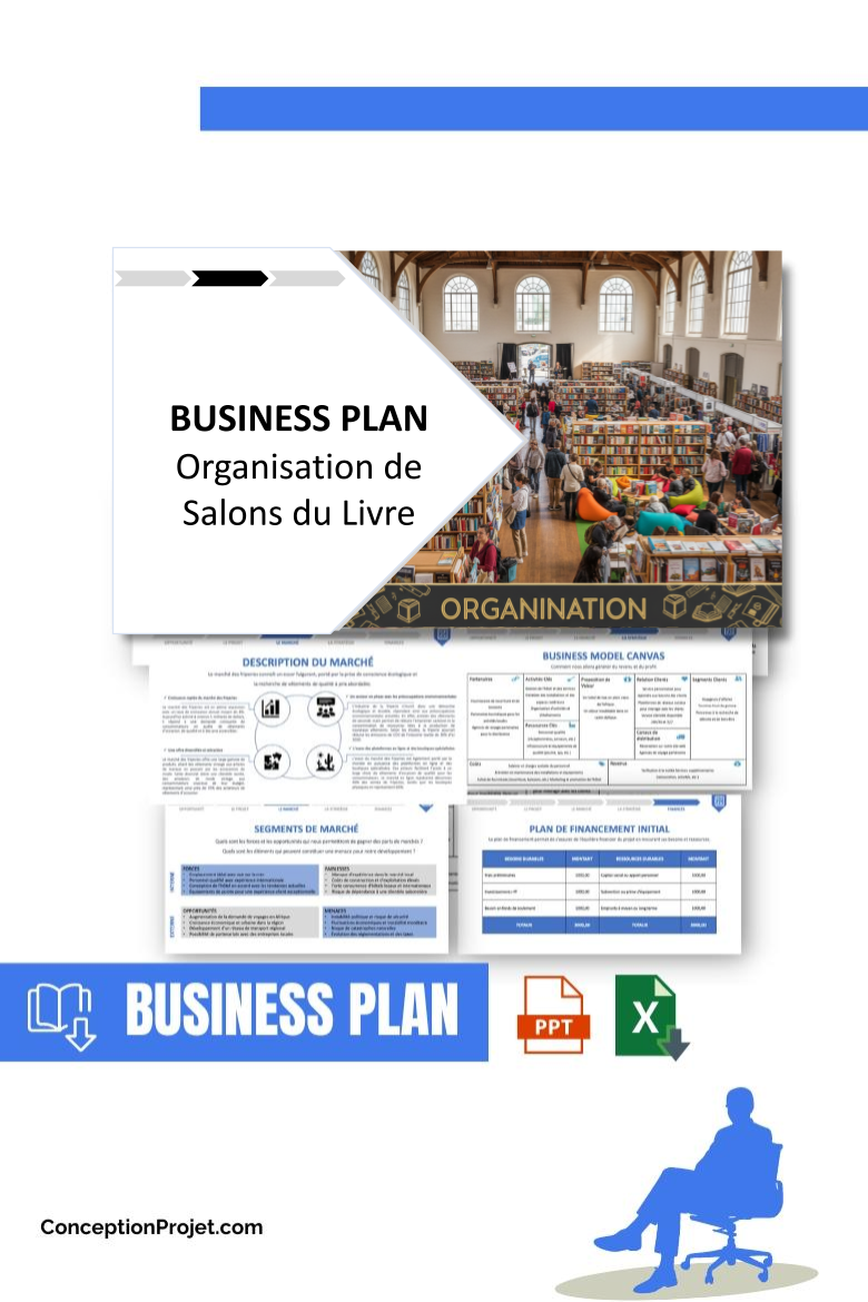 Pack Business Plan pour Organisation de Salons du Livre - Modèle de business plan professionnel pour Organisation de Salons du Livre, spécialement conçu pour les entrepreneurs, incluant un prévisionnel financier 100% automatisé, une stratégie marketing intégrée, ainsi qu’une analyse complète (SWOT, Business Model Canvas, étude de marché et analyse des risques). Ce document au design moderne et entièrement personnalisable sous Word est structuré pour répondre aux exigences des banques et des investisseurs, tout en permettant un gain de temps considérable grâce à son contenu pré-rédigé.