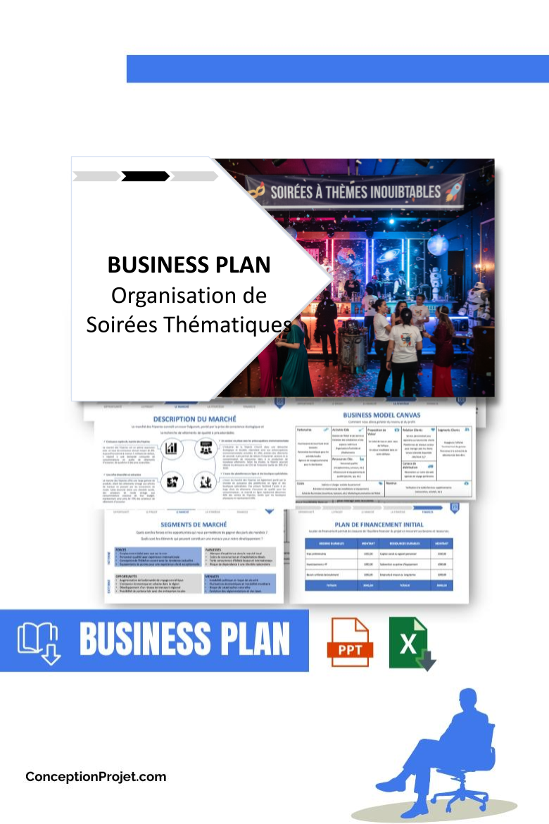 Pack Business Plan Organisation de Soirées Thématiques 2026 1 Pack Business Plan pour Organisation de Soirées Thématiques - Modèle de business plan professionnel pour Organisation de Soirées Thématiques, spécialement conçu pour les entrepreneurs, incluant un prévisionnel financier 100% automatisé, une stratégie marketing intégrée, ainsi qu’une analyse complète (SWOT, Business Model Canvas, étude de marché et analyse des risques). Ce document au design moderne et entièrement personnalisable sous Word est structuré pour répondre aux exigences des banques et des investisseurs, tout en permettant un gain de temps considérable grâce à son contenu pré-rédigé.