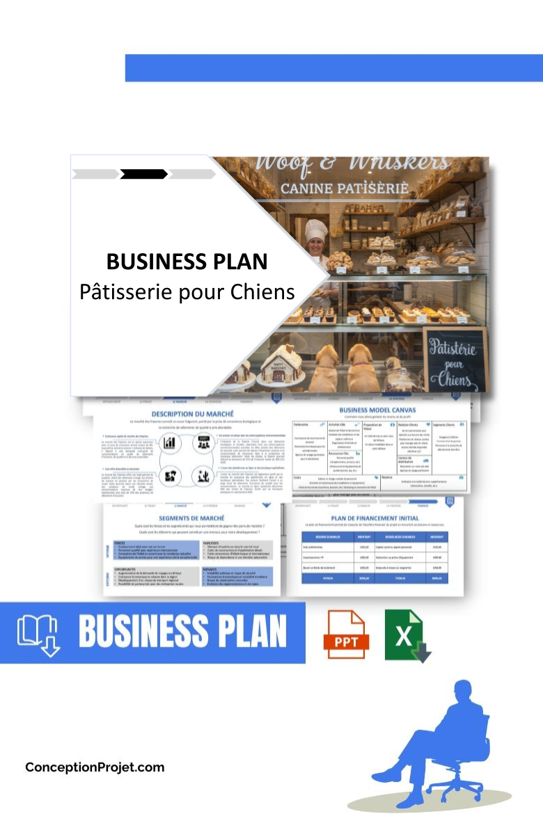 Pack Business Plan pour Pâtisserie pour Chiens - Modèle de business plan professionnel pour Pâtisserie pour Chiens, spécialement conçu pour les entrepreneurs, incluant un prévisionnel financier 100% automatisé, une stratégie marketing intégrée, ainsi qu’une analyse complète (SWOT, Business Model Canvas, étude de marché et analyse des risques). Ce document au design moderne et entièrement personnalisable sous Word est structuré pour répondre aux exigences des banques et des investisseurs, tout en permettant un gain de temps considérable grâce à son contenu pré-rédigé.