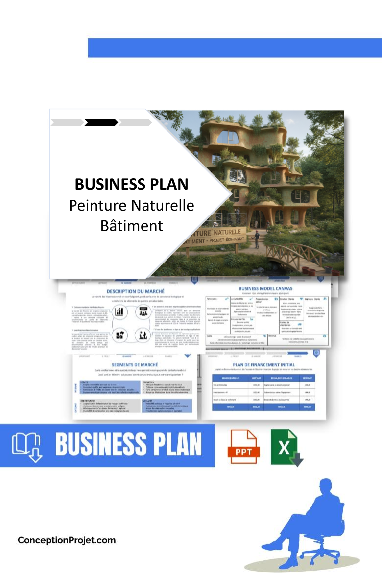 Pack Business Plan pour Peinture Naturelle Bâtiment - Modèle de business plan professionnel pour Peinture Naturelle Bâtiment, spécialement conçu pour les entrepreneurs, incluant un prévisionnel financier 100% automatisé, une stratégie marketing intégrée, ainsi qu’une analyse complète (SWOT, Business Model Canvas, étude de marché et analyse des risques). Ce document au design moderne et entièrement personnalisable sous Word est structuré pour répondre aux exigences des banques et des investisseurs, tout en permettant un gain de temps considérable grâce à son contenu pré-rédigé.