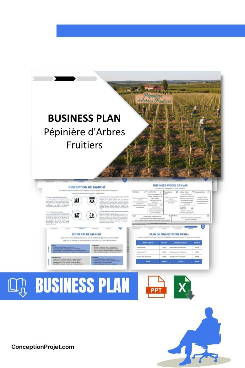 Pack Business Plan pour Pépinière d'Arbres Fruitiers - Modèle de business plan professionnel pour Pépinière d'Arbres Fruitiers, spécialement conçu pour les entrepreneurs, incluant un prévisionnel financier 100% automatisé, une stratégie marketing intégrée, ainsi qu’une analyse complète (SWOT, Business Model Canvas, étude de marché et analyse des risques). Ce document au design moderne et entièrement personnalisable sous Word est structuré pour répondre aux exigences des banques et des investisseurs, tout en permettant un gain de temps considérable grâce à son contenu pré-rédigé.