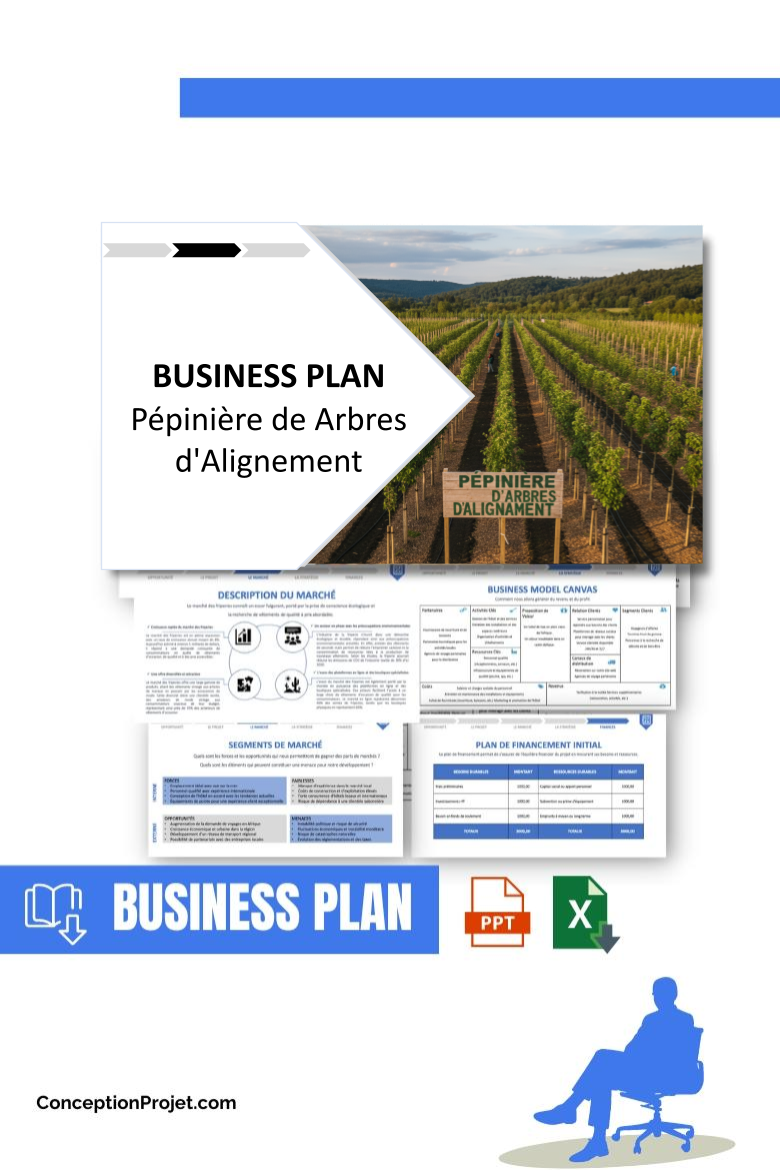 Pack Business Plan pour Pépinière de Arbres d'Alignement - Modèle de business plan professionnel pour Pépinière de Arbres d'Alignement, spécialement conçu pour les entrepreneurs, incluant un prévisionnel financier 100% automatisé, une stratégie marketing intégrée, ainsi qu’une analyse complète (SWOT, Business Model Canvas, étude de marché et analyse des risques). Ce document au design moderne et entièrement personnalisable sous Word est structuré pour répondre aux exigences des banques et des investisseurs, tout en permettant un gain de temps considérable grâce à son contenu pré-rédigé.