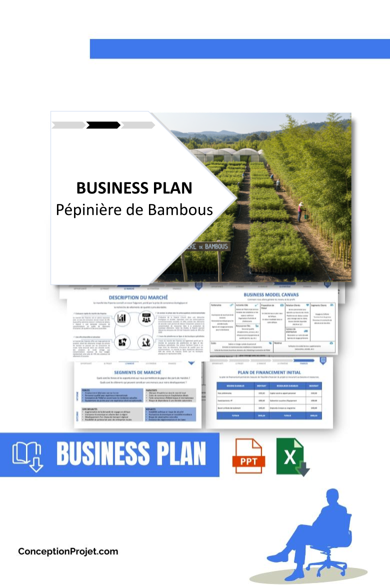 Pack Business Plan pour Pépinière de Bambous - Modèle de business plan professionnel pour Pépinière de Bambous, spécialement conçu pour les entrepreneurs, incluant un prévisionnel financier 100% automatisé, une stratégie marketing intégrée, ainsi qu’une analyse complète (SWOT, Business Model Canvas, étude de marché et analyse des risques). Ce document au design moderne et entièrement personnalisable sous Word est structuré pour répondre aux exigences des banques et des investisseurs, tout en permettant un gain de temps considérable grâce à son contenu pré-rédigé.