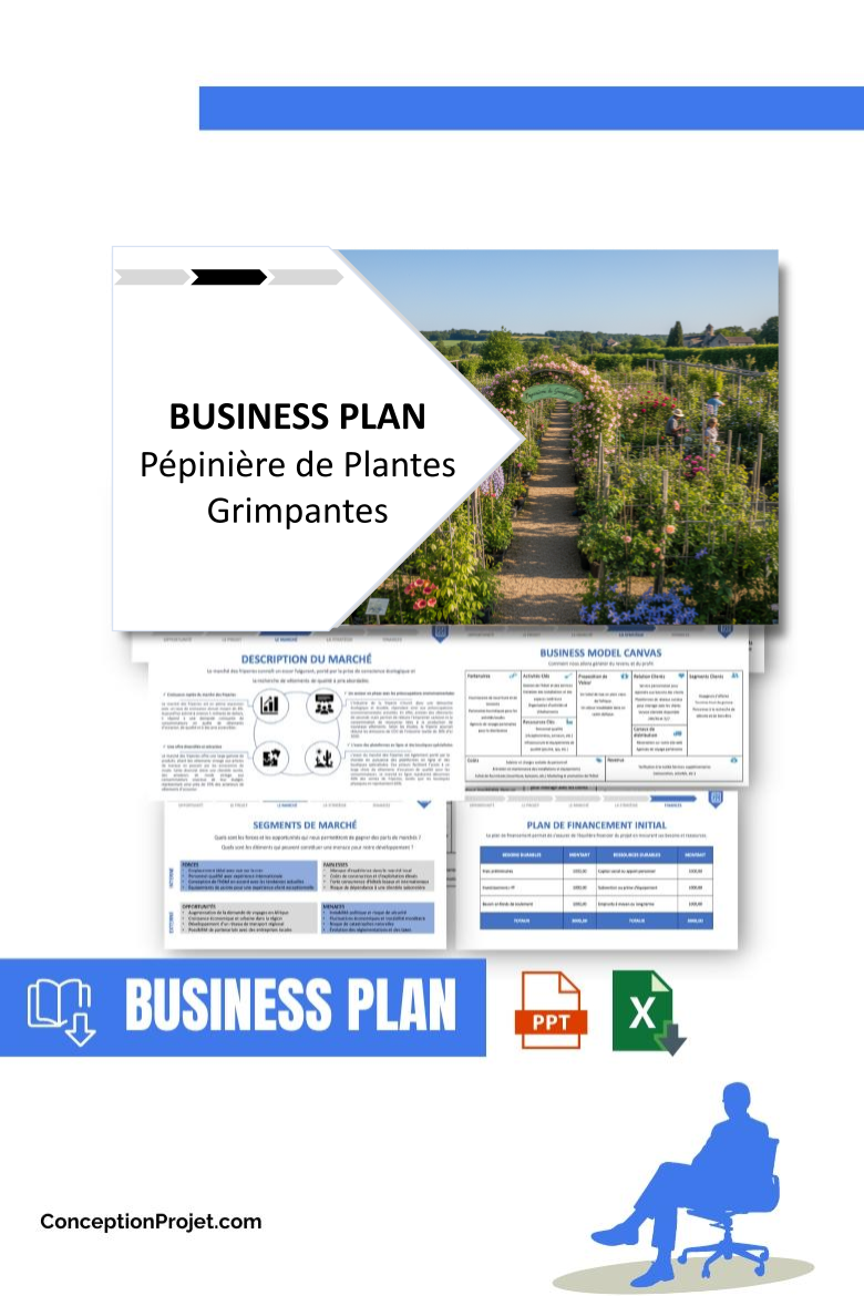 Pack Business Plan pour Pépinière de Plantes Grimpantes - Modèle de business plan professionnel pour Pépinière de Plantes Grimpantes, spécialement conçu pour les entrepreneurs, incluant un prévisionnel financier 100% automatisé, une stratégie marketing intégrée, ainsi qu’une analyse complète (SWOT, Business Model Canvas, étude de marché et analyse des risques). Ce document au design moderne et entièrement personnalisable sous Word est structuré pour répondre aux exigences des banques et des investisseurs, tout en permettant un gain de temps considérable grâce à son contenu pré-rédigé.