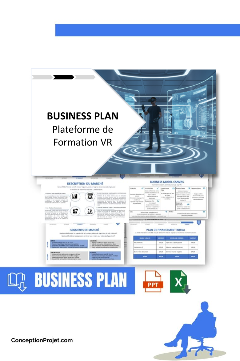 Pack Business Plan pour Plateforme de Formation VR - Modèle de business plan professionnel pour Plateforme de Formation VR, spécialement conçu pour les entrepreneurs, incluant un prévisionnel financier 100% automatisé, une stratégie marketing intégrée, ainsi qu’une analyse complète (SWOT, Business Model Canvas, étude de marché et analyse des risques). Ce document au design moderne et entièrement personnalisable sous Word est structuré pour répondre aux exigences des banques et des investisseurs, tout en permettant un gain de temps considérable grâce à son contenu pré-rédigé.