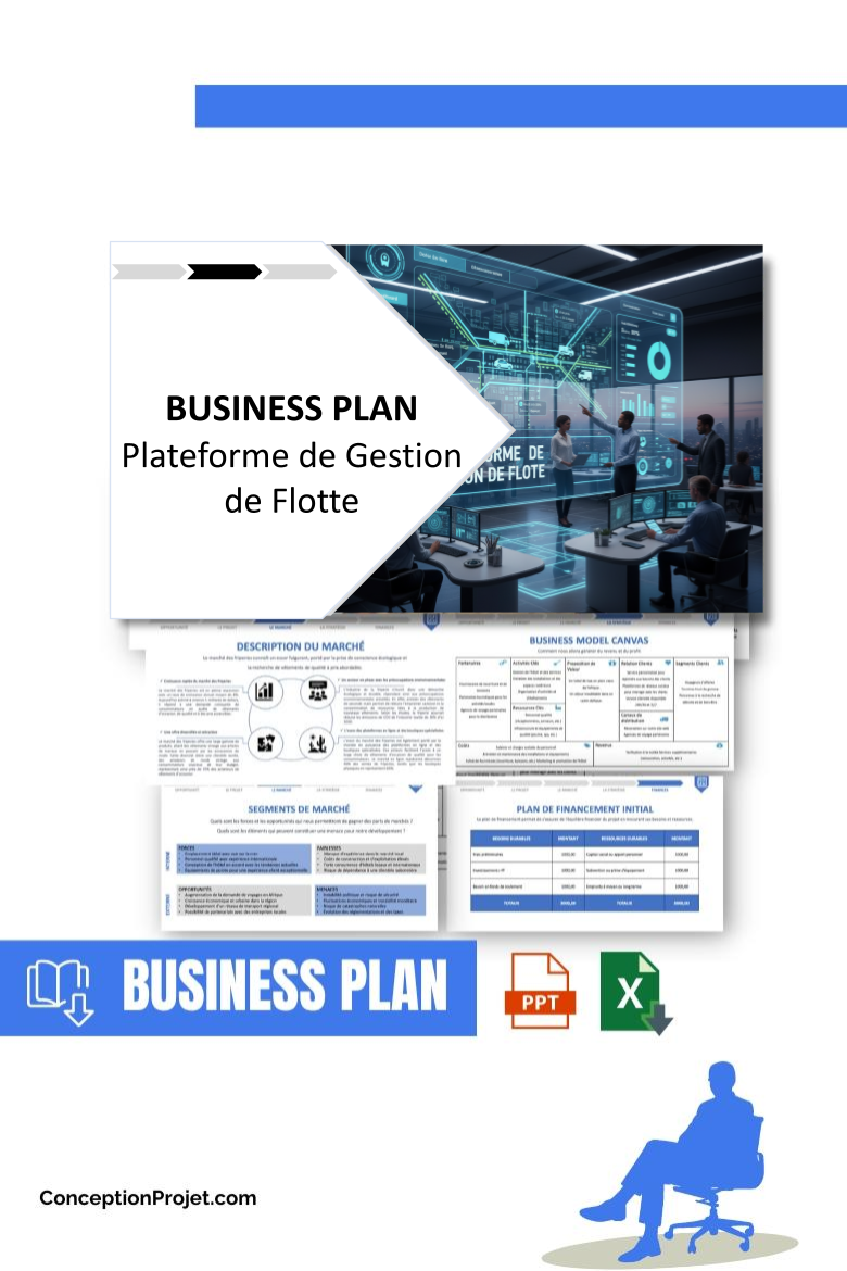 Pack Business Plan pour Plateforme de Gestion de Flotte - Modèle de business plan professionnel pour Plateforme de Gestion de Flotte, spécialement conçu pour les entrepreneurs, incluant un prévisionnel financier 100% automatisé, une stratégie marketing intégrée, ainsi qu’une analyse complète (SWOT, Business Model Canvas, étude de marché et analyse des risques). Ce document au design moderne et entièrement personnalisable sous Word est structuré pour répondre aux exigences des banques et des investisseurs, tout en permettant un gain de temps considérable grâce à son contenu pré-rédigé.