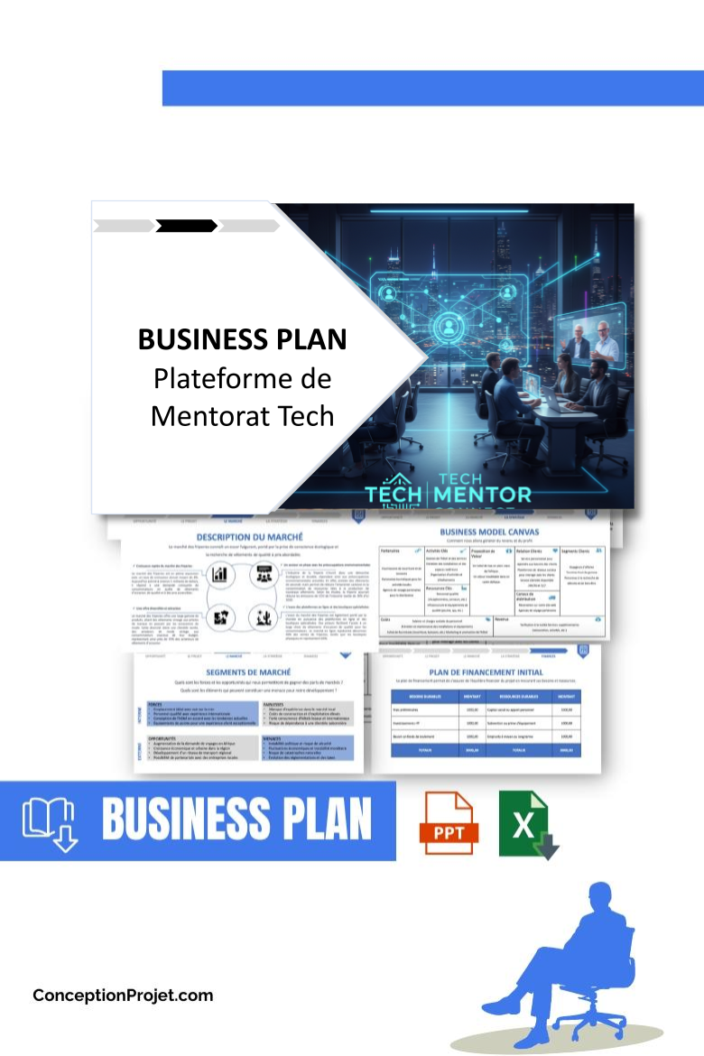 Pack Business Plan pour Plateforme de Mentorat Tech - Modèle de business plan professionnel pour Plateforme de Mentorat Tech, spécialement conçu pour les entrepreneurs, incluant un prévisionnel financier 100% automatisé, une stratégie marketing intégrée, ainsi qu’une analyse complète (SWOT, Business Model Canvas, étude de marché et analyse des risques). Ce document au design moderne et entièrement personnalisable sous Word est structuré pour répondre aux exigences des banques et des investisseurs, tout en permettant un gain de temps considérable grâce à son contenu pré-rédigé.