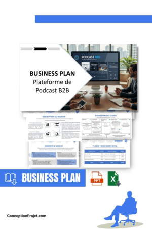 Accueil 2 Pack Business Plan pour Plateforme de Podcast B2B - Modèle de business plan professionnel pour Plateforme de Podcast B2B, spécialement conçu pour les entrepreneurs, incluant un prévisionnel financier 100% automatisé, une stratégie marketing intégrée, ainsi qu’une analyse complète (SWOT, Business Model Canvas, étude de marché et analyse des risques). Ce document au design moderne et entièrement personnalisable sous Word est structuré pour répondre aux exigences des banques et des investisseurs, tout en permettant un gain de temps considérable grâce à son contenu pré-rédigé.