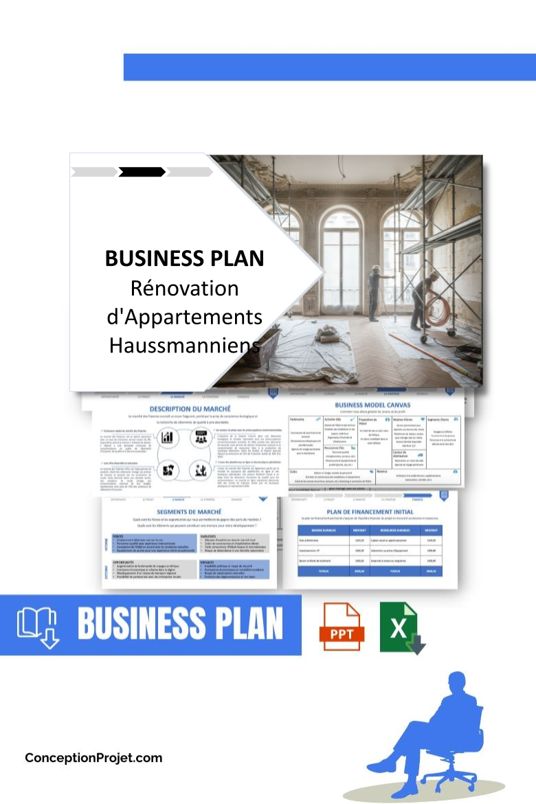 Pack Business Plan pour Rénovation d'Appartements Haussmanniens - Modèle de business plan professionnel pour Rénovation d'Appartements Haussmanniens, spécialement conçu pour les entrepreneurs, incluant un prévisionnel financier 100% automatisé, une stratégie marketing intégrée, ainsi qu’une analyse complète (SWOT, Business Model Canvas, étude de marché et analyse des risques). Ce document au design moderne et entièrement personnalisable sous Word est structuré pour répondre aux exigences des banques et des investisseurs, tout en permettant un gain de temps considérable grâce à son contenu pré-rédigé.
