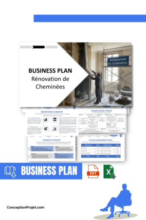 Pack Business Plan pour Rénovation de Cheminées - Modèle de business plan professionnel pour Rénovation de Cheminées, spécialement conçu pour les entrepreneurs, incluant un prévisionnel financier 100% automatisé, une stratégie marketing intégrée, ainsi qu’une analyse complète (SWOT, Business Model Canvas, étude de marché et analyse des risques). Ce document au design moderne et entièrement personnalisable sous Word est structuré pour répondre aux exigences des banques et des investisseurs, tout en permettant un gain de temps considérable grâce à son contenu pré-rédigé.