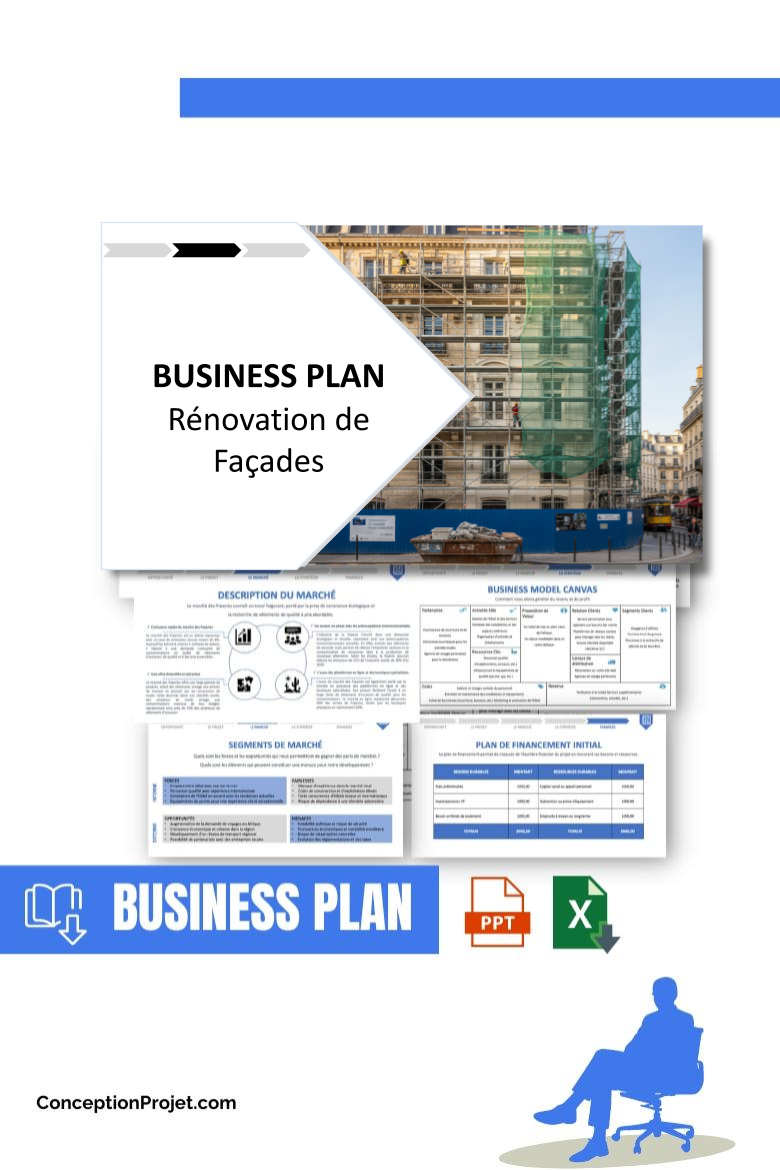 Pack Business Plan pour Rénovation de Façades - Modèle de business plan professionnel pour Rénovation de Façades, spécialement conçu pour les entrepreneurs, incluant un prévisionnel financier 100% automatisé, une stratégie marketing intégrée, ainsi qu’une analyse complète (SWOT, Business Model Canvas, étude de marché et analyse des risques). Ce document au design moderne et entièrement personnalisable sous Word est structuré pour répondre aux exigences des banques et des investisseurs, tout en permettant un gain de temps considérable grâce à son contenu pré-rédigé.
