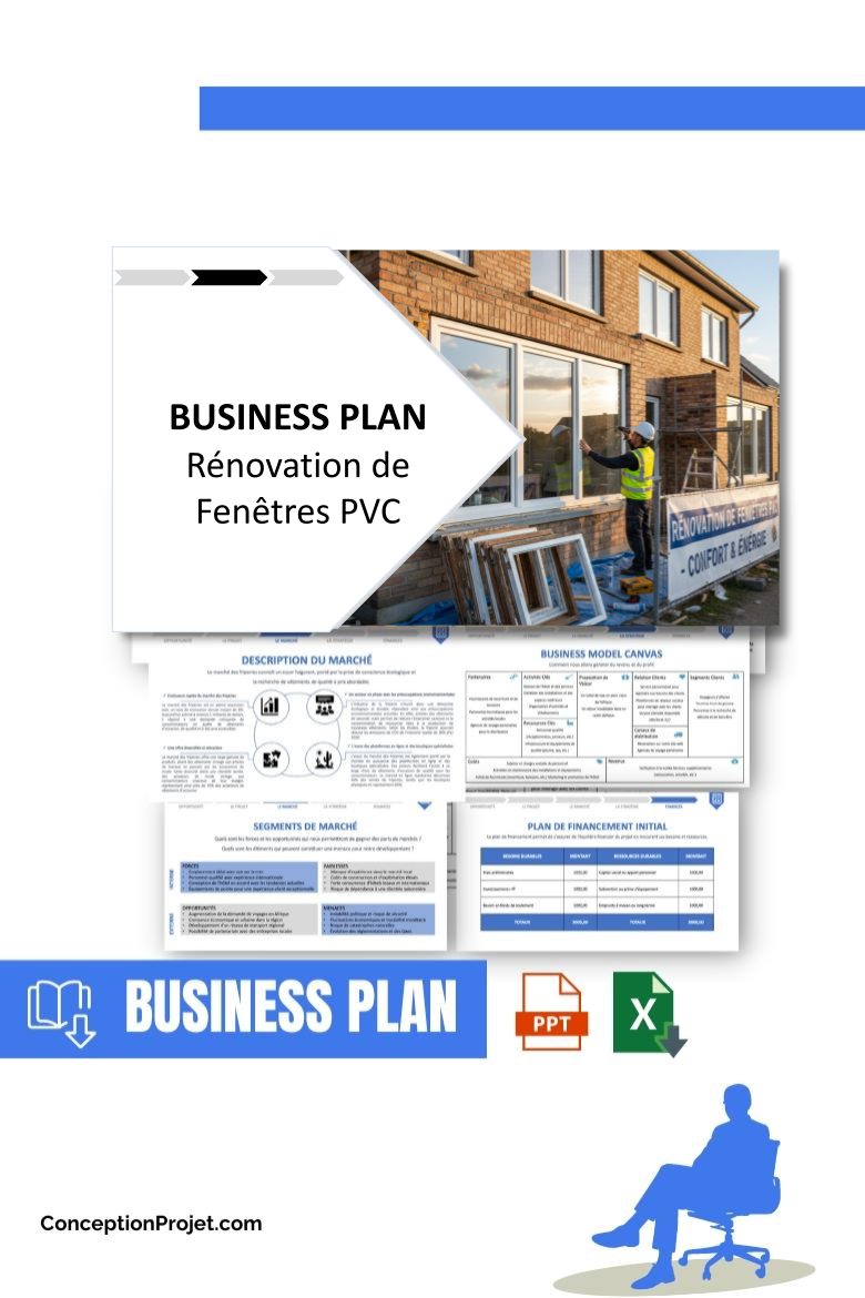 Pack Business Plan pour Rénovation de Fenêtres PVC - Modèle de business plan professionnel pour Rénovation de Fenêtres PVC, spécialement conçu pour les entrepreneurs, incluant un prévisionnel financier 100% automatisé, une stratégie marketing intégrée, ainsi qu’une analyse complète (SWOT, Business Model Canvas, étude de marché et analyse des risques). Ce document au design moderne et entièrement personnalisable sous Word est structuré pour répondre aux exigences des banques et des investisseurs, tout en permettant un gain de temps considérable grâce à son contenu pré-rédigé.