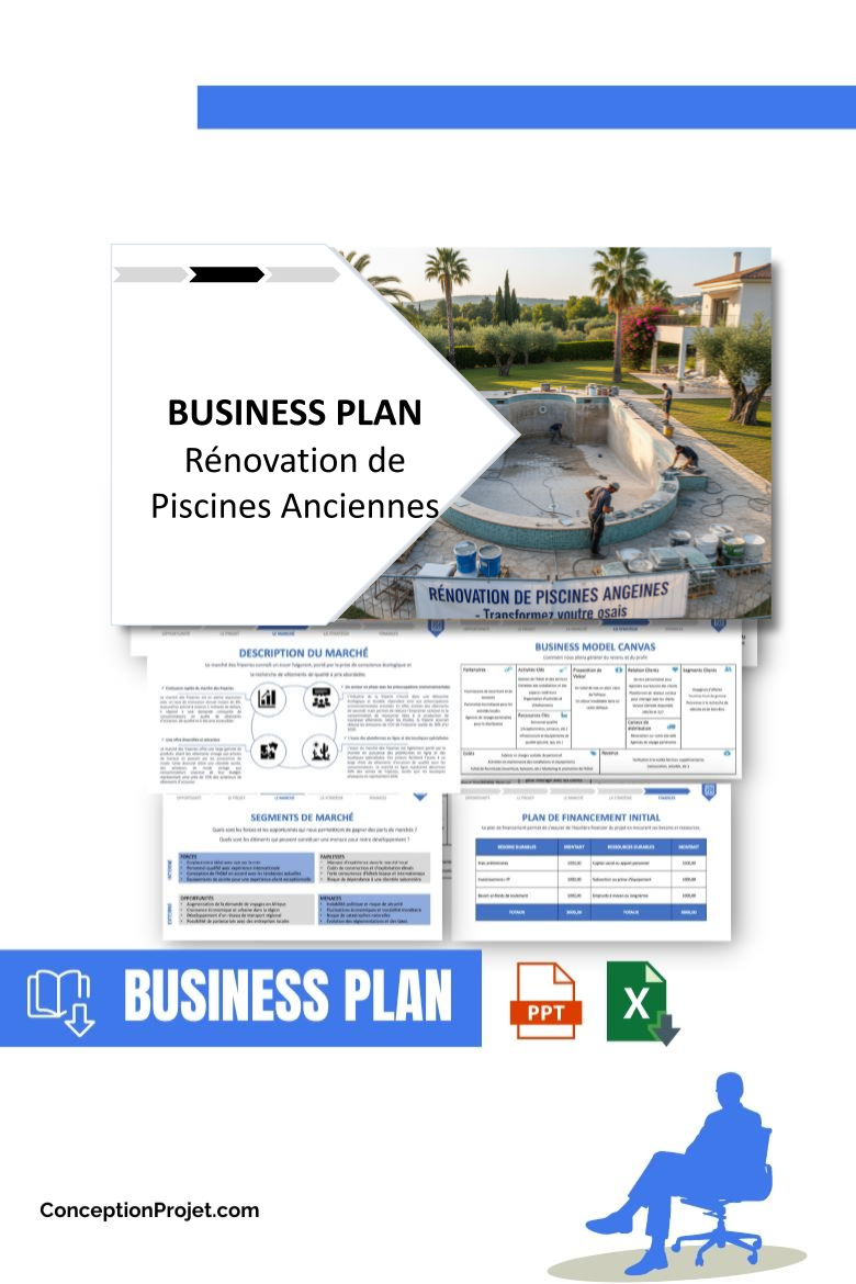 Pack Business Plan Rénovation de Piscines Anciennes 2026 1 Pack Business Plan pour Rénovation de Piscines Anciennes - Modèle de business plan professionnel pour Rénovation de Piscines Anciennes, spécialement conçu pour les entrepreneurs, incluant un prévisionnel financier 100% automatisé, une stratégie marketing intégrée, ainsi qu’une analyse complète (SWOT, Business Model Canvas, étude de marché et analyse des risques). Ce document au design moderne et entièrement personnalisable sous Word est structuré pour répondre aux exigences des banques et des investisseurs, tout en permettant un gain de temps considérable grâce à son contenu pré-rédigé.