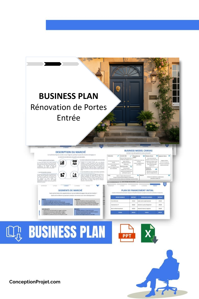Pack Business Plan pour Rénovation de Portes Entrée - Modèle de business plan professionnel pour Rénovation de Portes Entrée, spécialement conçu pour les entrepreneurs, incluant un prévisionnel financier 100% automatisé, une stratégie marketing intégrée, ainsi qu’une analyse complète (SWOT, Business Model Canvas, étude de marché et analyse des risques). Ce document au design moderne et entièrement personnalisable sous Word est structuré pour répondre aux exigences des banques et des investisseurs, tout en permettant un gain de temps considérable grâce à son contenu pré-rédigé.