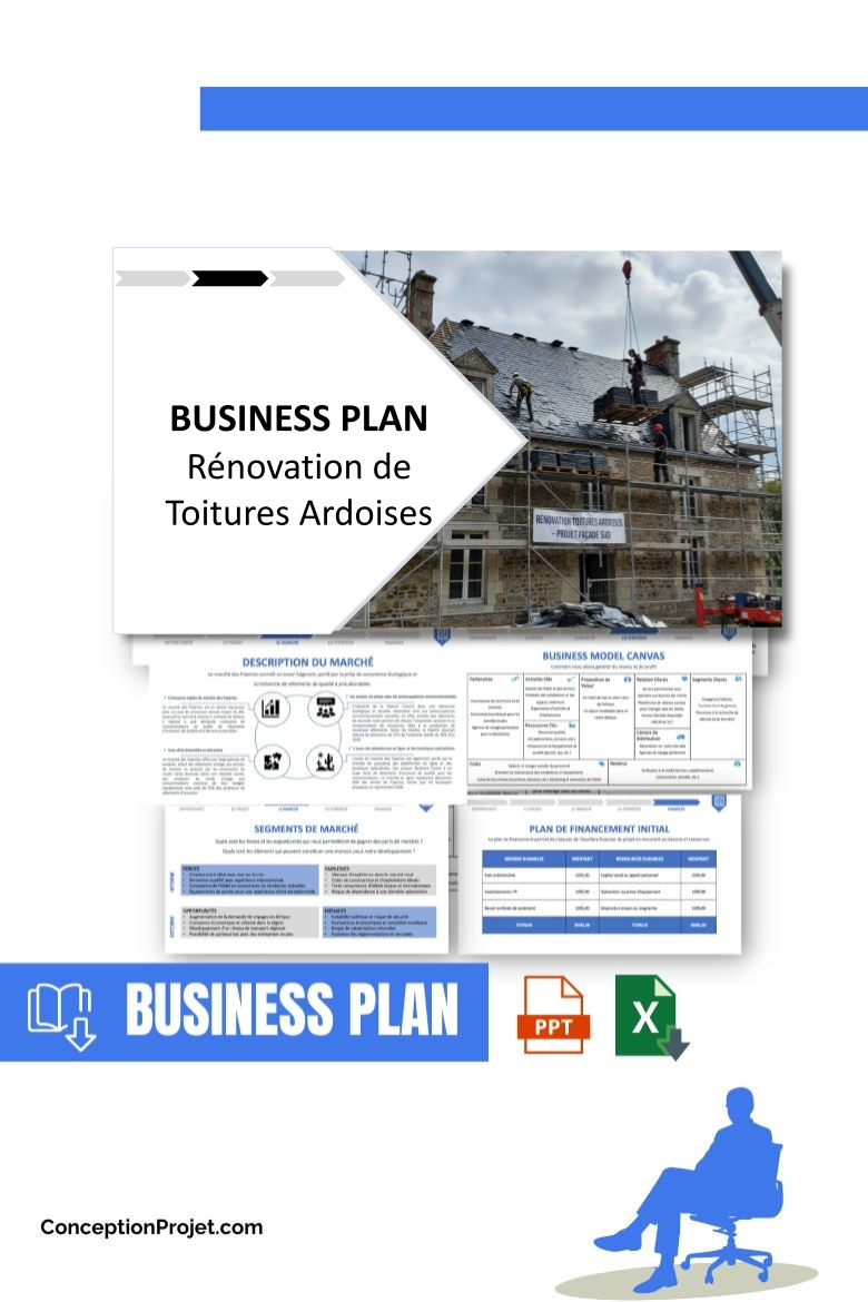 Pack Business Plan pour Rénovation de Toitures Ardoises - Modèle de business plan professionnel pour Rénovation de Toitures Ardoises, spécialement conçu pour les entrepreneurs, incluant un prévisionnel financier 100% automatisé, une stratégie marketing intégrée, ainsi qu’une analyse complète (SWOT, Business Model Canvas, étude de marché et analyse des risques). Ce document au design moderne et entièrement personnalisable sous Word est structuré pour répondre aux exigences des banques et des investisseurs, tout en permettant un gain de temps considérable grâce à son contenu pré-rédigé.