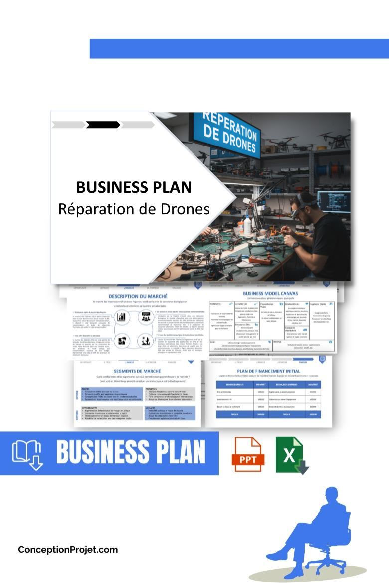 Pack Business Plan pour Réparation de Drones - Modèle de business plan professionnel pour Réparation de Drones, spécialement conçu pour les entrepreneurs, incluant un prévisionnel financier 100% automatisé, une stratégie marketing intégrée, ainsi qu’une analyse complète (SWOT, Business Model Canvas, étude de marché et analyse des risques). Ce document au design moderne et entièrement personnalisable sous Word est structuré pour répondre aux exigences des banques et des investisseurs, tout en permettant un gain de temps considérable grâce à son contenu pré-rédigé.