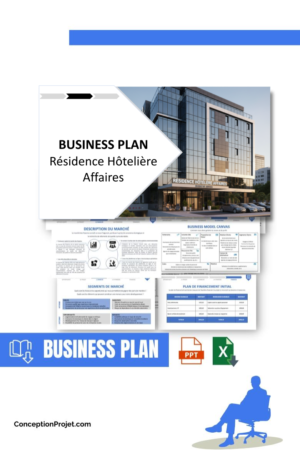Pack Business Plan pour Résidence Hôtelière Affaires - Modèle de business plan professionnel pour Résidence Hôtelière Affaires, spécialement conçu pour les entrepreneurs, incluant un prévisionnel financier 100% automatisé, une stratégie marketing intégrée, ainsi qu’une analyse complète (SWOT, Business Model Canvas, étude de marché et analyse des risques). Ce document au design moderne et entièrement personnalisable sous Word est structuré pour répondre aux exigences des banques et des investisseurs, tout en permettant un gain de temps considérable grâce à son contenu pré-rédigé.