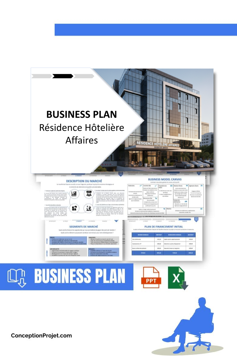 Pack Business Plan pour Résidence Hôtelière Affaires - Modèle de business plan professionnel pour Résidence Hôtelière Affaires, spécialement conçu pour les entrepreneurs, incluant un prévisionnel financier 100% automatisé, une stratégie marketing intégrée, ainsi qu’une analyse complète (SWOT, Business Model Canvas, étude de marché et analyse des risques). Ce document au design moderne et entièrement personnalisable sous Word est structuré pour répondre aux exigences des banques et des investisseurs, tout en permettant un gain de temps considérable grâce à son contenu pré-rédigé.