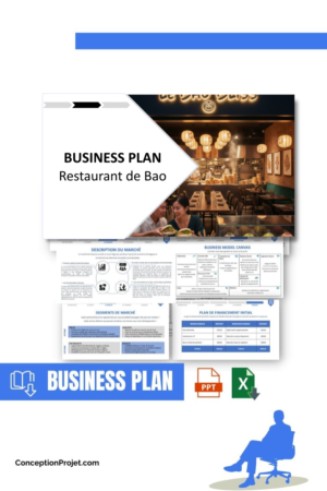 Pack Business Plan pour Restaurant de Bao - Modèle de business plan professionnel pour Restaurant de Bao, spécialement conçu pour les entrepreneurs, incluant un prévisionnel financier 100% automatisé, une stratégie marketing intégrée, ainsi qu’une analyse complète (SWOT, Business Model Canvas, étude de marché et analyse des risques). Ce document au design moderne et entièrement personnalisable sous Word est structuré pour répondre aux exigences des banques et des investisseurs, tout en permettant un gain de temps considérable grâce à son contenu pré-rédigé.