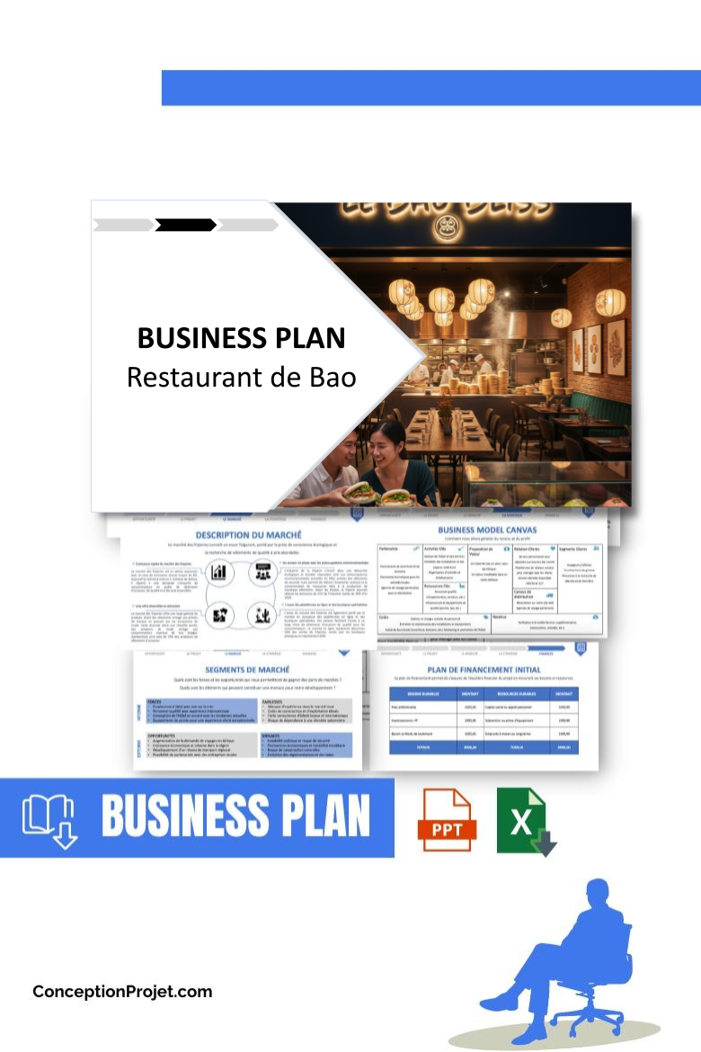 Pack Business Plan pour Restaurant de Bao - Modèle de business plan professionnel pour Restaurant de Bao, spécialement conçu pour les entrepreneurs, incluant un prévisionnel financier 100% automatisé, une stratégie marketing intégrée, ainsi qu’une analyse complète (SWOT, Business Model Canvas, étude de marché et analyse des risques). Ce document au design moderne et entièrement personnalisable sous Word est structuré pour répondre aux exigences des banques et des investisseurs, tout en permettant un gain de temps considérable grâce à son contenu pré-rédigé.