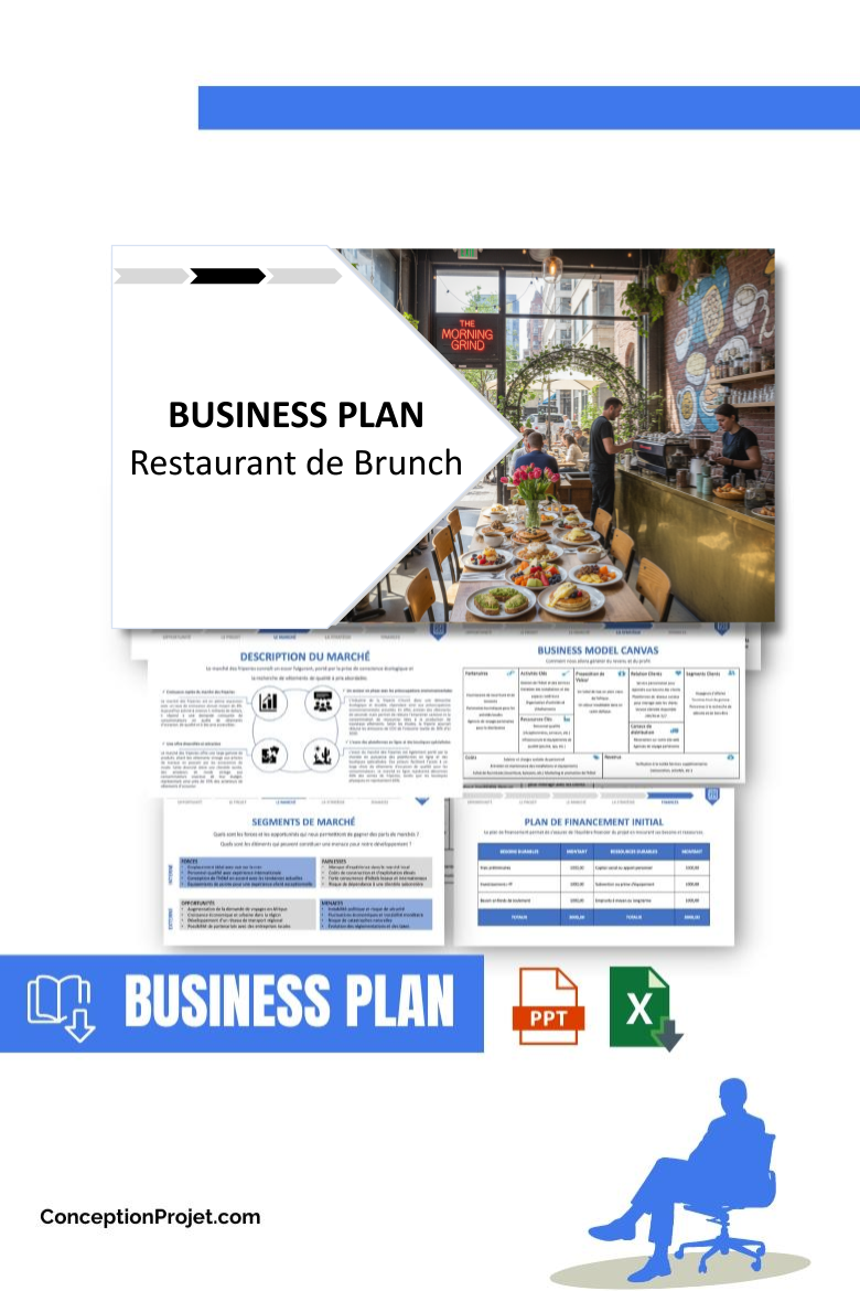 Pack Business Plan pour Restaurant de Brunch - Modèle de business plan professionnel pour Restaurant de Brunch, spécialement conçu pour les entrepreneurs, incluant un prévisionnel financier 100% automatisé, une stratégie marketing intégrée, ainsi qu’une analyse complète (SWOT, Business Model Canvas, étude de marché et analyse des risques). Ce document au design moderne et entièrement personnalisable sous Word est structuré pour répondre aux exigences des banques et des investisseurs, tout en permettant un gain de temps considérable grâce à son contenu pré-rédigé.