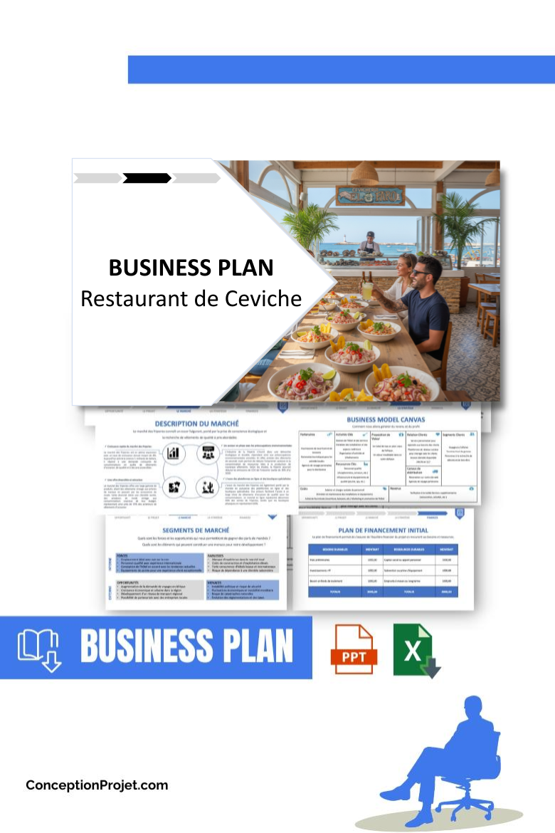 Pack Business Plan pour Restaurant de Ceviche - Modèle de business plan professionnel pour Restaurant de Ceviche, spécialement conçu pour les entrepreneurs, incluant un prévisionnel financier 100% automatisé, une stratégie marketing intégrée, ainsi qu’une analyse complète (SWOT, Business Model Canvas, étude de marché et analyse des risques). Ce document au design moderne et entièrement personnalisable sous Word est structuré pour répondre aux exigences des banques et des investisseurs, tout en permettant un gain de temps considérable grâce à son contenu pré-rédigé.