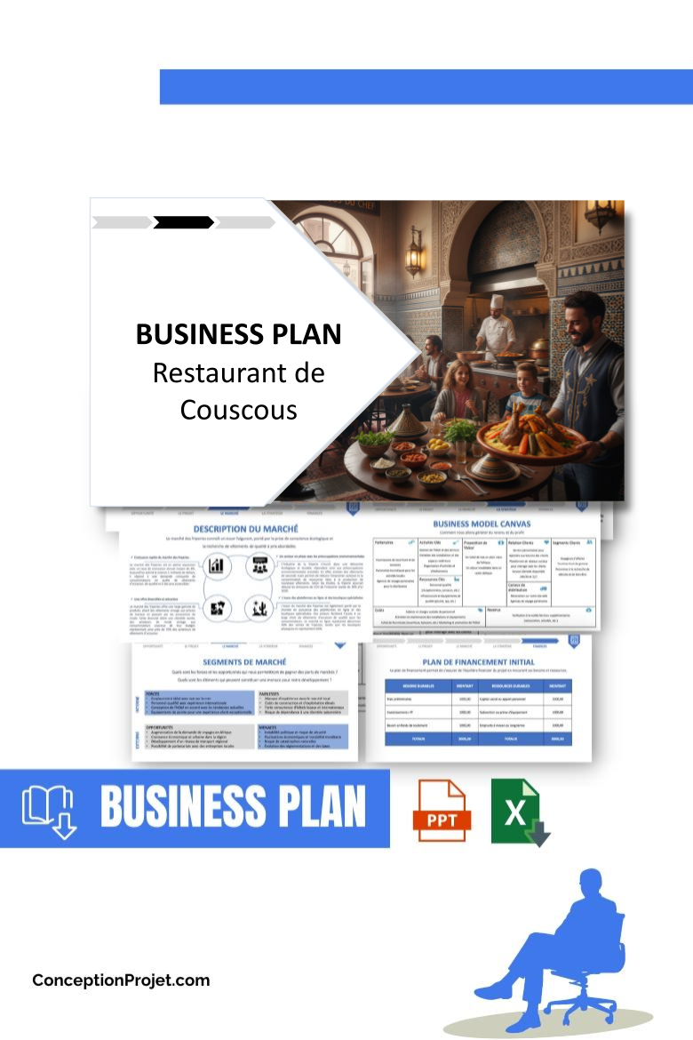 Pack Business Plan pour Restaurant de Couscous - Modèle de business plan professionnel pour Restaurant de Couscous, spécialement conçu pour les entrepreneurs, incluant un prévisionnel financier 100% automatisé, une stratégie marketing intégrée, ainsi qu’une analyse complète (SWOT, Business Model Canvas, étude de marché et analyse des risques). Ce document au design moderne et entièrement personnalisable sous Word est structuré pour répondre aux exigences des banques et des investisseurs, tout en permettant un gain de temps considérable grâce à son contenu pré-rédigé.