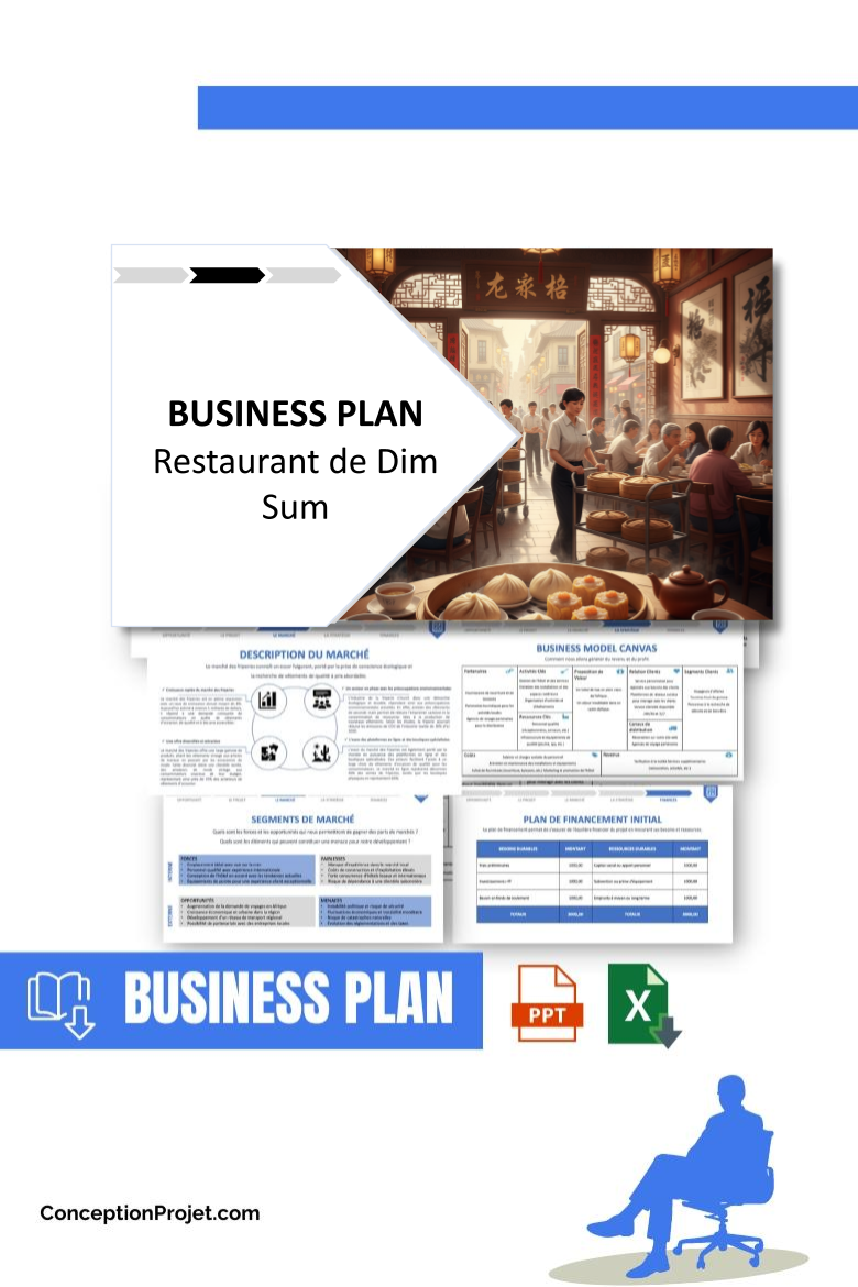 Pack Business Plan pour Restaurant de Dim Sum - Modèle de business plan professionnel pour Restaurant de Dim Sum, spécialement conçu pour les entrepreneurs, incluant un prévisionnel financier 100% automatisé, une stratégie marketing intégrée, ainsi qu’une analyse complète (SWOT, Business Model Canvas, étude de marché et analyse des risques). Ce document au design moderne et entièrement personnalisable sous Word est structuré pour répondre aux exigences des banques et des investisseurs, tout en permettant un gain de temps considérable grâce à son contenu pré-rédigé.