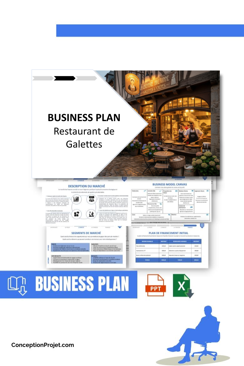 Pack Business Plan pour Restaurant de Galettes - Modèle de business plan professionnel pour Restaurant de Galettes, spécialement conçu pour les entrepreneurs, incluant un prévisionnel financier 100% automatisé, une stratégie marketing intégrée, ainsi qu’une analyse complète (SWOT, Business Model Canvas, étude de marché et analyse des risques). Ce document au design moderne et entièrement personnalisable sous Word est structuré pour répondre aux exigences des banques et des investisseurs, tout en permettant un gain de temps considérable grâce à son contenu pré-rédigé.