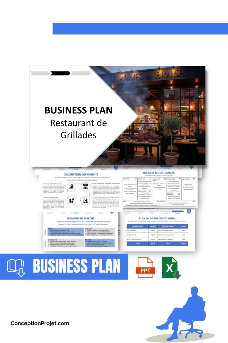 Pack Business Plan pour Restaurant de Grillades - Modèle de business plan professionnel pour Restaurant de Grillades, spécialement conçu pour les entrepreneurs, incluant un prévisionnel financier 100% automatisé, une stratégie marketing intégrée, ainsi qu’une analyse complète (SWOT, Business Model Canvas, étude de marché et analyse des risques). Ce document au design moderne et entièrement personnalisable sous Word est structuré pour répondre aux exigences des banques et des investisseurs, tout en permettant un gain de temps considérable grâce à son contenu pré-rédigé.