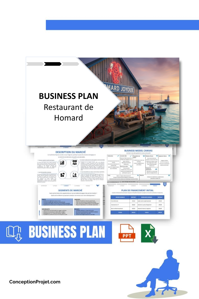 Pack Business Plan pour Restaurant de Homard - Modèle de business plan professionnel pour Restaurant de Homard, spécialement conçu pour les entrepreneurs, incluant un prévisionnel financier 100% automatisé, une stratégie marketing intégrée, ainsi qu’une analyse complète (SWOT, Business Model Canvas, étude de marché et analyse des risques). Ce document au design moderne et entièrement personnalisable sous Word est structuré pour répondre aux exigences des banques et des investisseurs, tout en permettant un gain de temps considérable grâce à son contenu pré-rédigé.