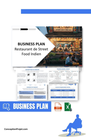 Pack Business Plan pour Restaurant de Street Food Indien - Modèle de business plan professionnel pour Restaurant de Street Food Indien, spécialement conçu pour les entrepreneurs, incluant un prévisionnel financier 100% automatisé, une stratégie marketing intégrée, ainsi qu’une analyse complète (SWOT, Business Model Canvas, étude de marché et analyse des risques). Ce document au design moderne et entièrement personnalisable sous Word est structuré pour répondre aux exigences des banques et des investisseurs, tout en permettant un gain de temps considérable grâce à son contenu pré-rédigé.