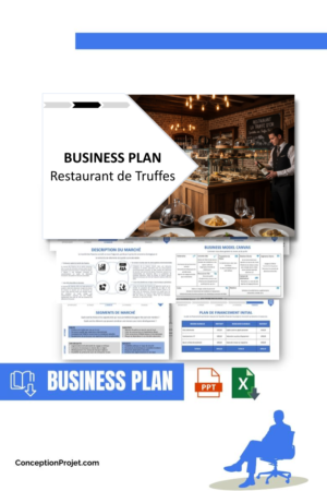 Pack Business Plan pour Restaurant de Truffes - Modèle de business plan professionnel pour Restaurant de Truffes, spécialement conçu pour les entrepreneurs, incluant un prévisionnel financier 100% automatisé, une stratégie marketing intégrée, ainsi qu’une analyse complète (SWOT, Business Model Canvas, étude de marché et analyse des risques). Ce document au design moderne et entièrement personnalisable sous Word est structuré pour répondre aux exigences des banques et des investisseurs, tout en permettant un gain de temps considérable grâce à son contenu pré-rédigé.