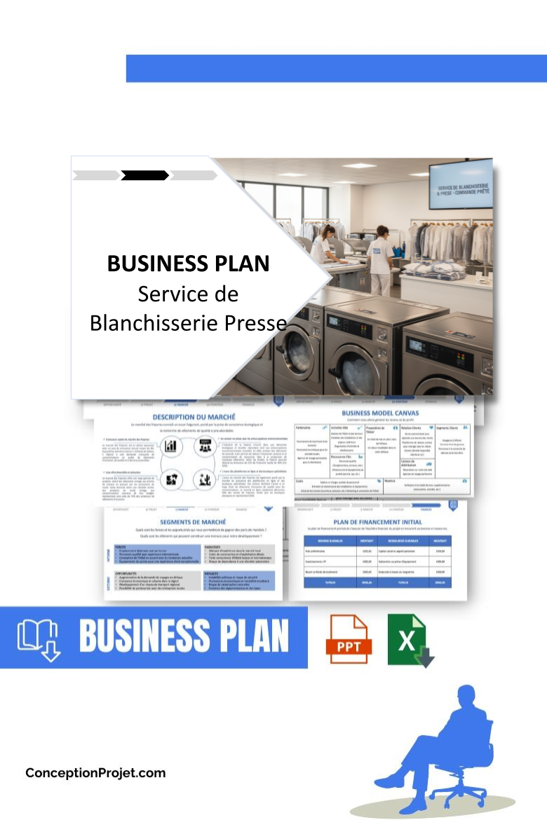 Pack Business Plan pour Service de Blanchisserie Presse - Modèle de business plan professionnel pour Service de Blanchisserie Presse, spécialement conçu pour les entrepreneurs, incluant un prévisionnel financier 100% automatisé, une stratégie marketing intégrée, ainsi qu’une analyse complète (SWOT, Business Model Canvas, étude de marché et analyse des risques). Ce document au design moderne et entièrement personnalisable sous Word est structuré pour répondre aux exigences des banques et des investisseurs, tout en permettant un gain de temps considérable grâce à son contenu pré-rédigé.